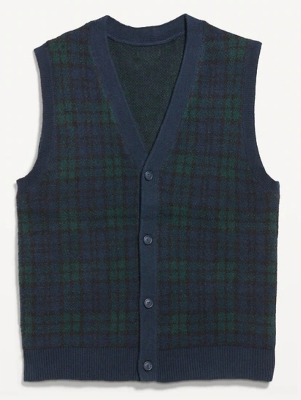 NWT Old Navy So Soft Sweater Vest Button Front Grandpa Preppy Navy Green Plaid M